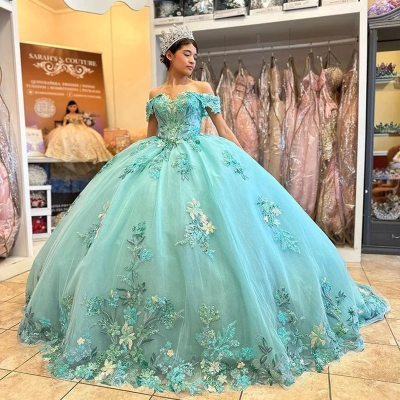 Mint Green Sweetheart Quinceanera Dresses For 15 Party Princess 3DFlower Appliques Tulle Lace Birthday Party Dress Gradient Ball