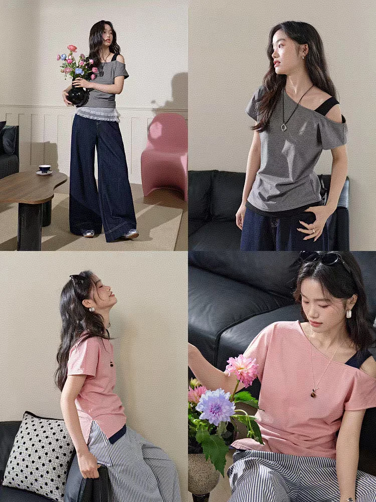 

Женская футболка Spor Sle White ort Sve oulder Baring Design Утягивающий топ для поездок на работу Sle Pure Color Cotton Blend