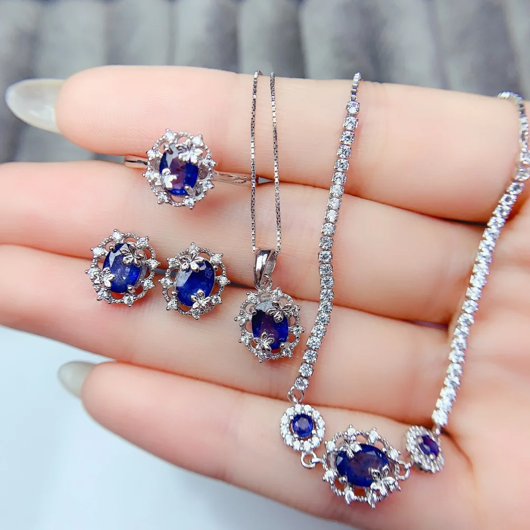 Chic Natural Sapphire Set 5*7mm Ring Pendant Earring Bracelet S925 Pure SilverGem Vintage Banquet Lady Jewellery