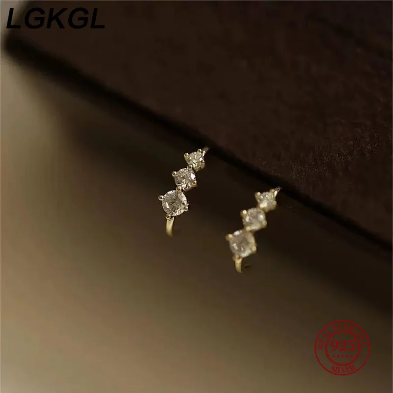 LGKGL S925 Sterling Silver Gold Plated Earrings for Women with Graduated Three Zircon Stones Micro-Paved Simulated Ear Cuff view 2