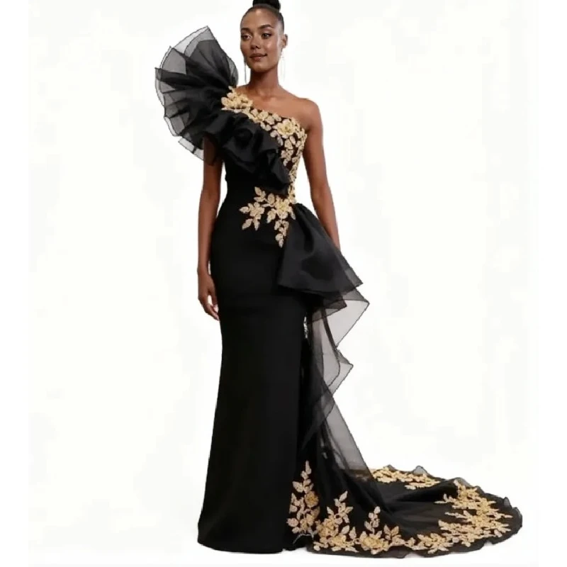 

One Shoulder Black Evening Dress With Gold Lace Eleagnt Mermaid Ball Gown For African Black Girls Formal Party Dress Customized
