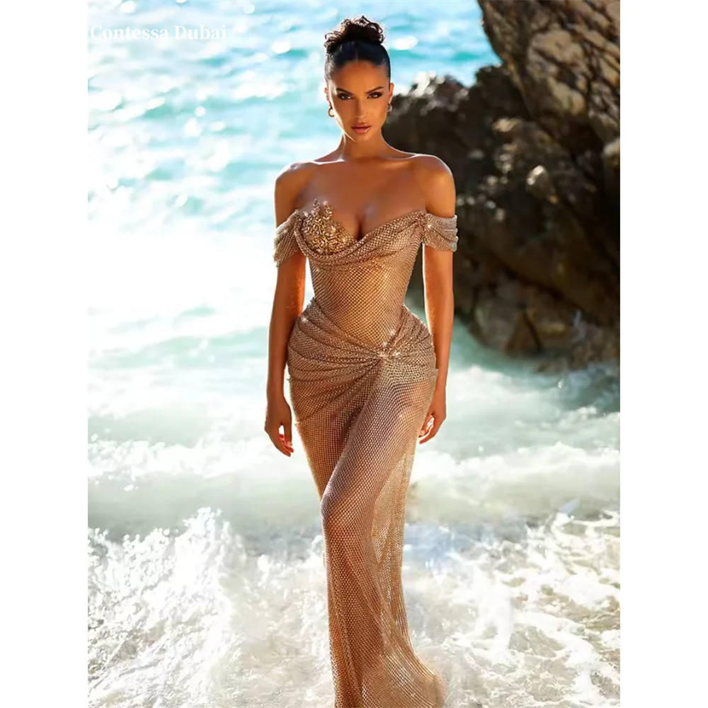 

Contessa Dubai Shiny Luxury Illusion GoldenProm Dresses с открытыми плечами и вырезом в форме сердцаفساتين проведения сегментов со шлейфом