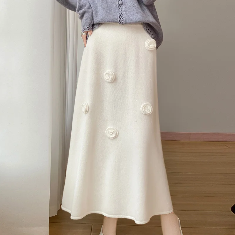 

New Autumn Winter Elegant Warm Soft Women's Fashion Solid Floral Decoration A-Line Skirt 100% Cashmere Knitted Simple Bottoms