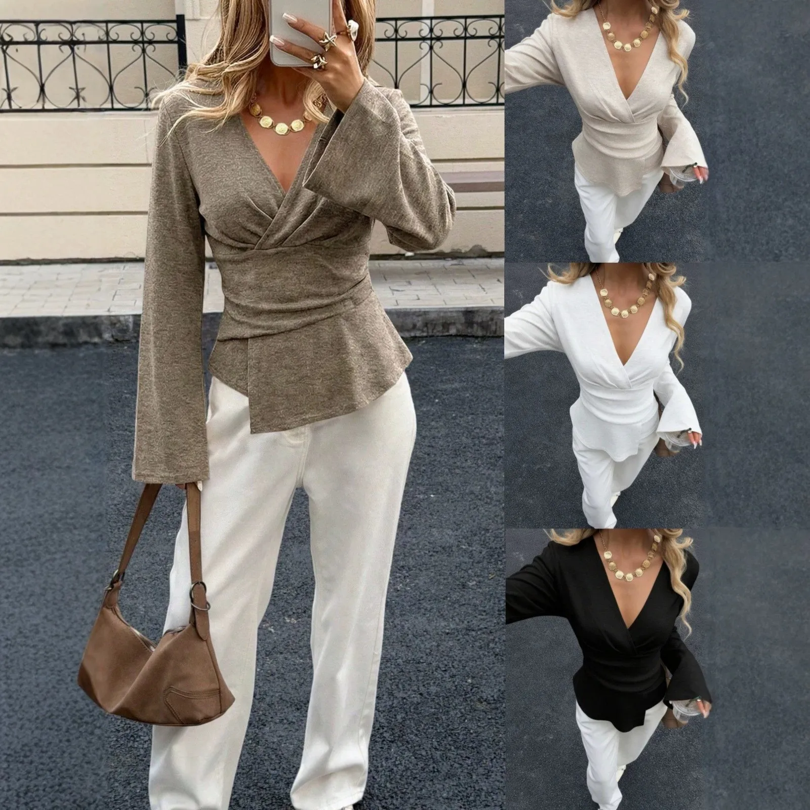 Women's Casual V Neck Solid Color Knit Sleeved Blouse T Shirt with Waist Cinching and Asymmetrical Hem Women T-shirt Wrap Front