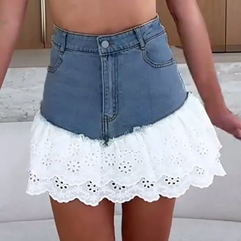 

Lace Patchwork High Waisted Denim Skirt Summer Button Wrap Hip Women's Mini Skirt Minimalist Commuting Party Pocket Short Skirt