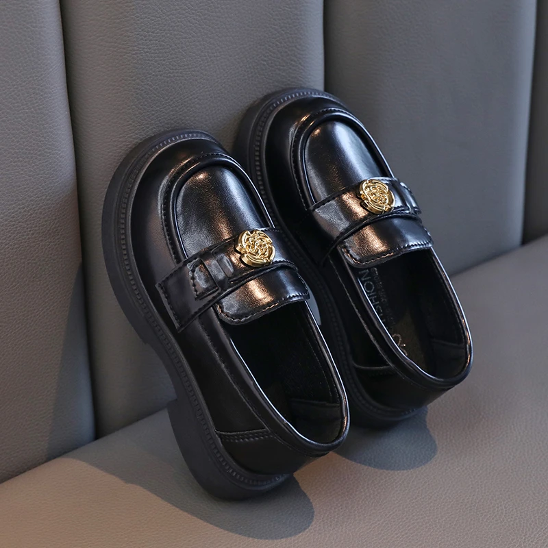 Girls' loafers children's leather shoes 2024 spring new British style princess shoes black camellia shoes