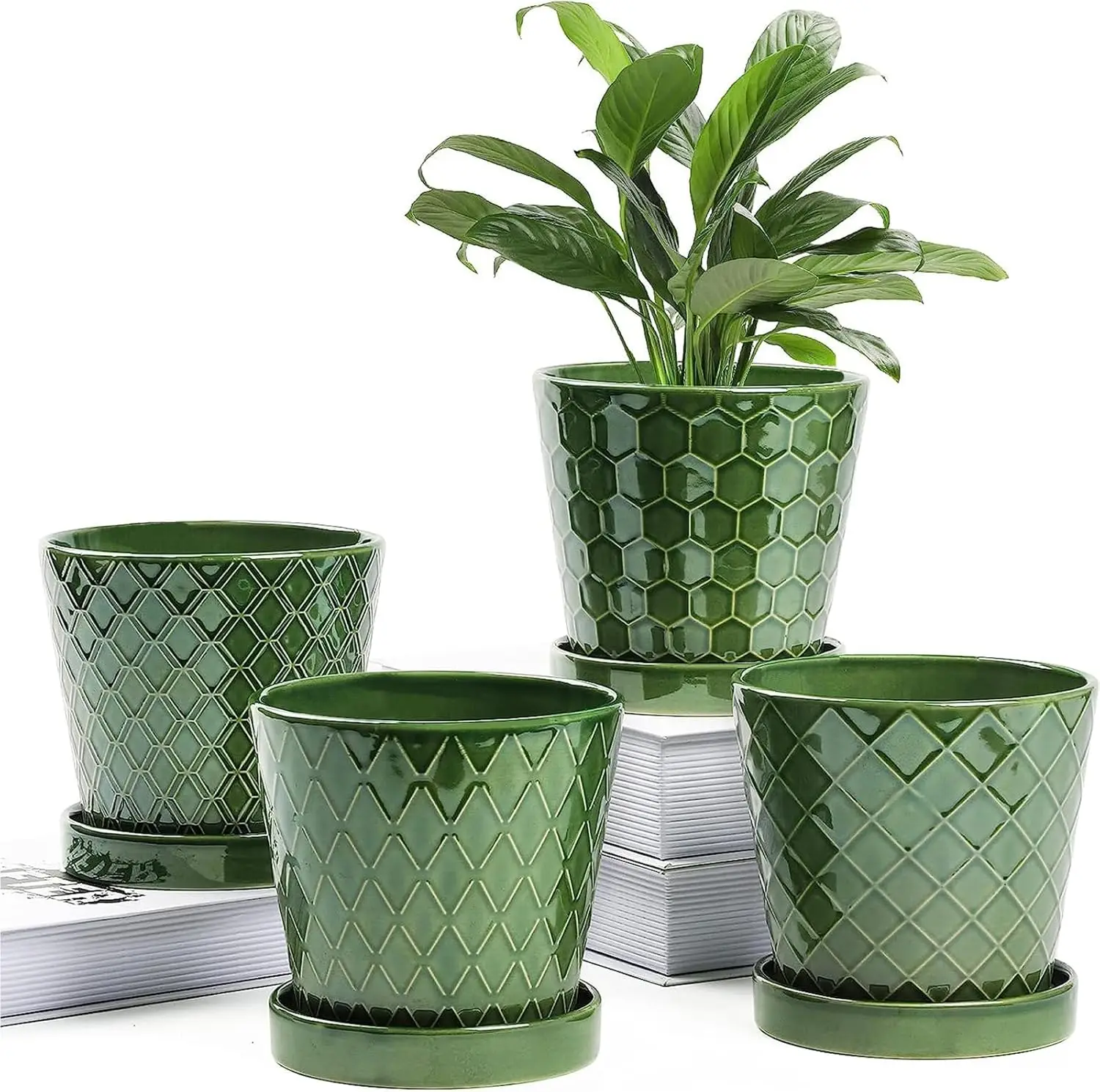 

Ceramic Flower Pot with Drainage Hole and Tray, 5 Inch Plant Pots Indoor for Small Plants, Modern Minimalist Design Set of 4