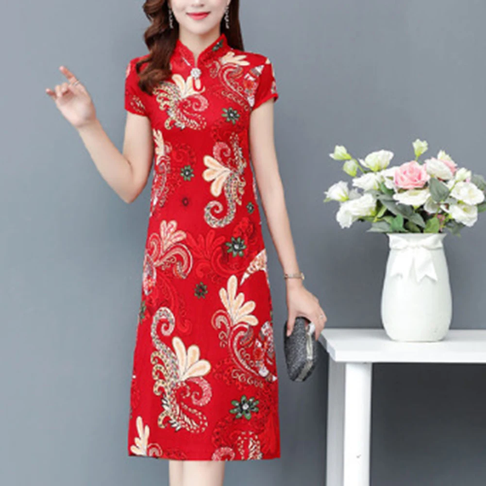 Vintage Style Cheongsam Dress Chinese National Style Satin Silky Tight Waist Qipao Floral Embroidery Stand Collar Women Dress