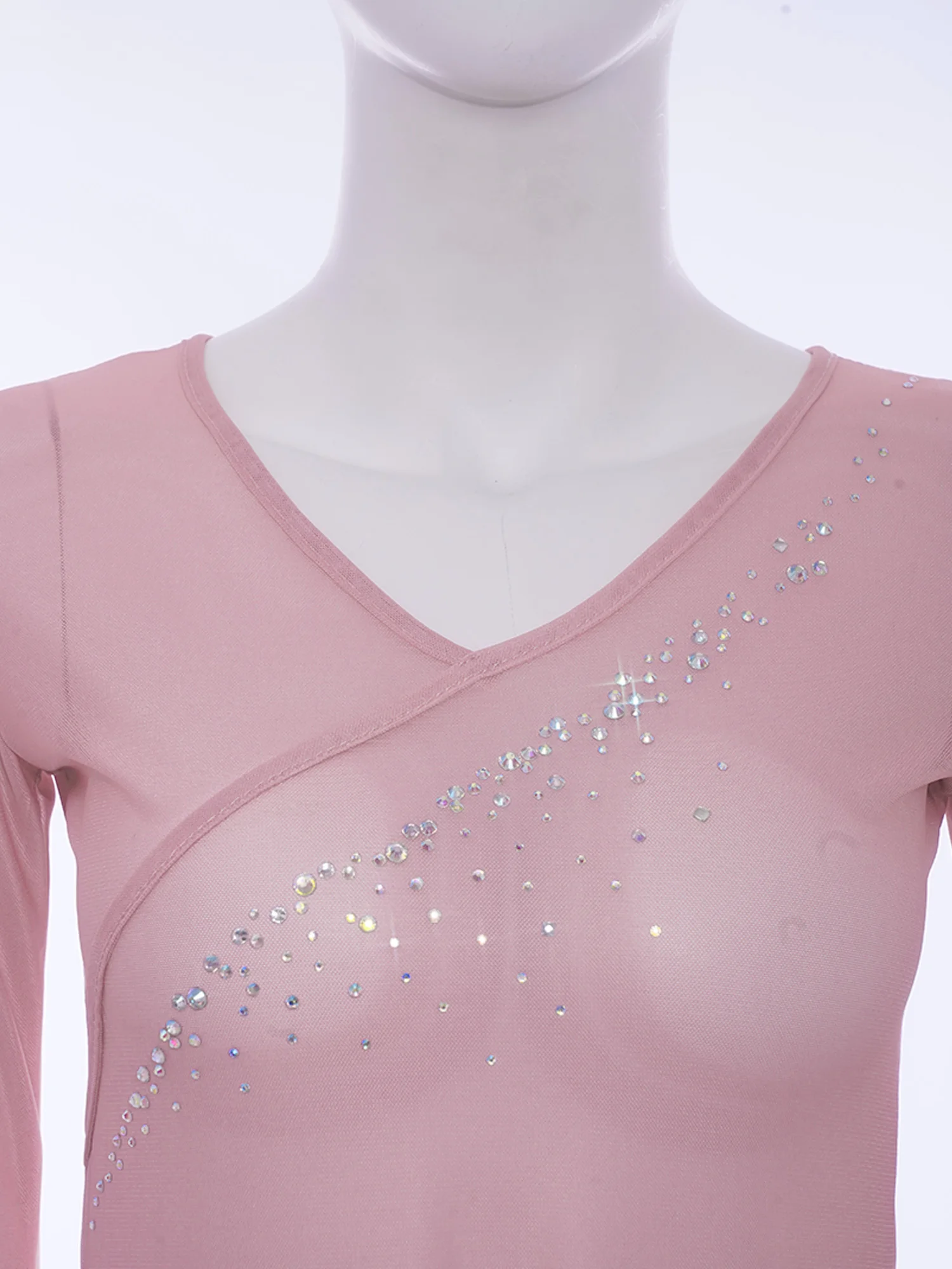 زي أداء ممارسة الرقص الكلاسيكي للسيدات للبالغين بأكمام طويلة وأحجار الراين اللامعة المتدرجة بقماش شفاف ملابس لليوجا