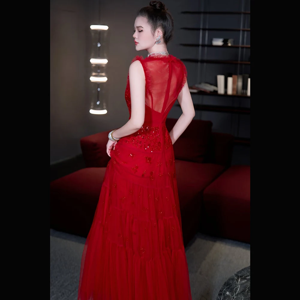 Meyyithun Vestido de mujer de malla con lentejuelas plisado Línea A cuello redondo Vestidos largos Ocasión a medida Estilo moderno Vestidos de fiesta sin mangas