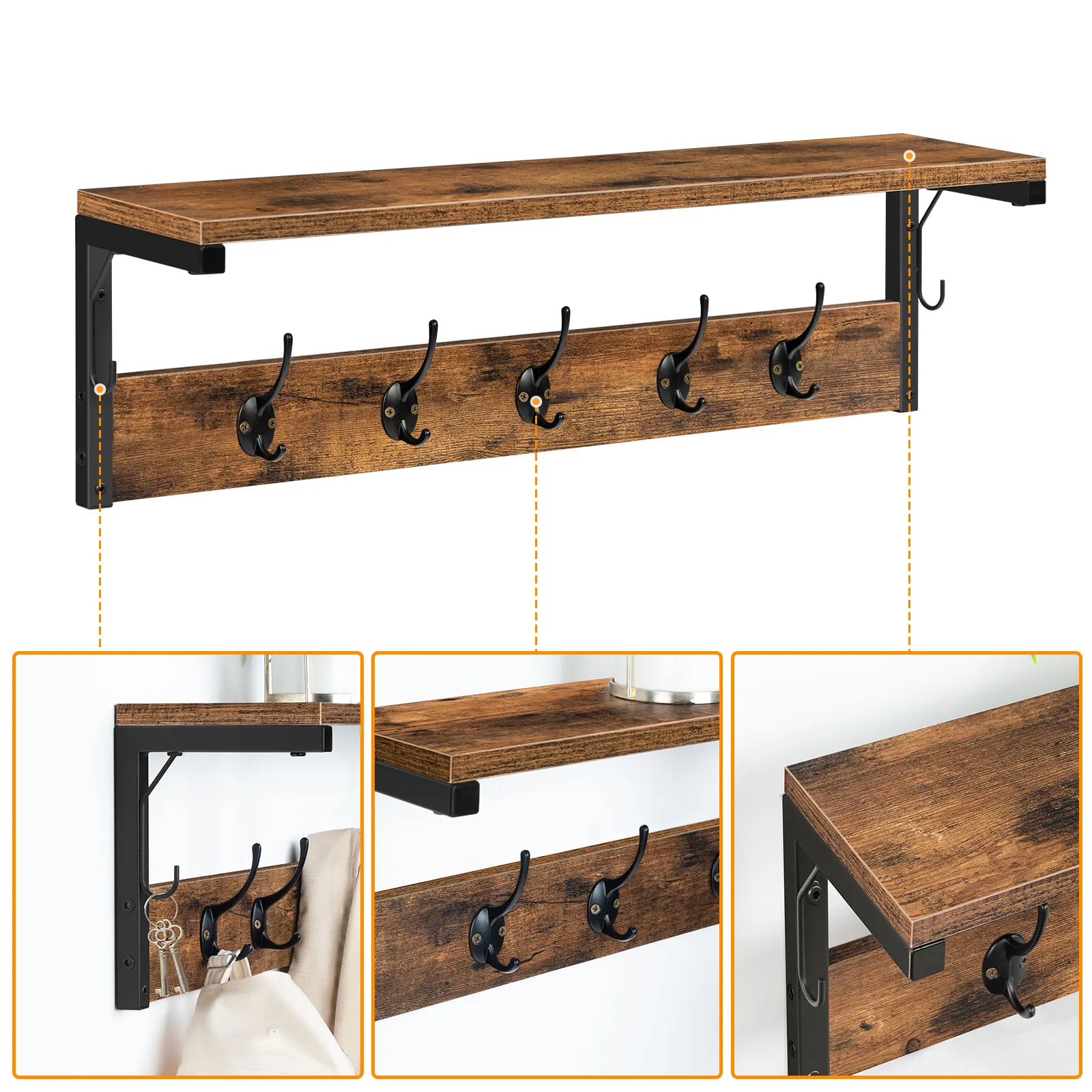 HOOBRO Wall Coat Rack Wall Shelf with 7 Hooks and Shelf Hallway Coat Rack Hanging Shelf with Coat Hook For Living Room Kitchen