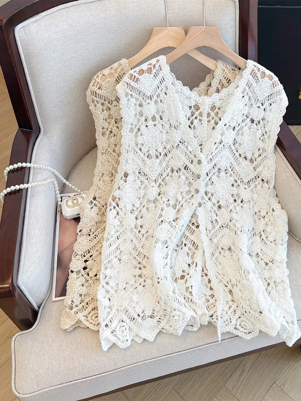 

Женский вязаный кружевной жилет 2025: Новинка Весна-Лето, ажурный, с V-образным вырезом, многослойный, элегантный топ