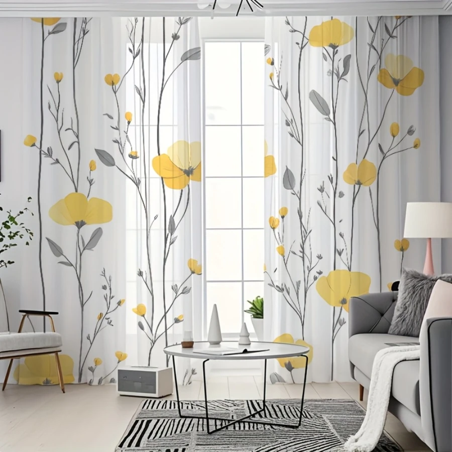 2PCS Digital Print Sheer Curtains, Gray Branch Yellow Flowers, Muted Autumn Botanical for Bedroom Living Room Home Decor