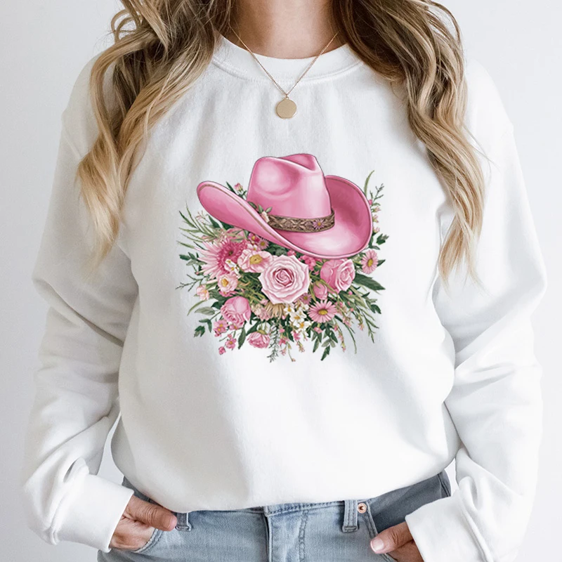 

Cowgirl Flower Pink Hat Pullover For Women Autumn And Winter Creative Long Sleeve Ladies Casual Sweatshirts Round Neck Pullovers