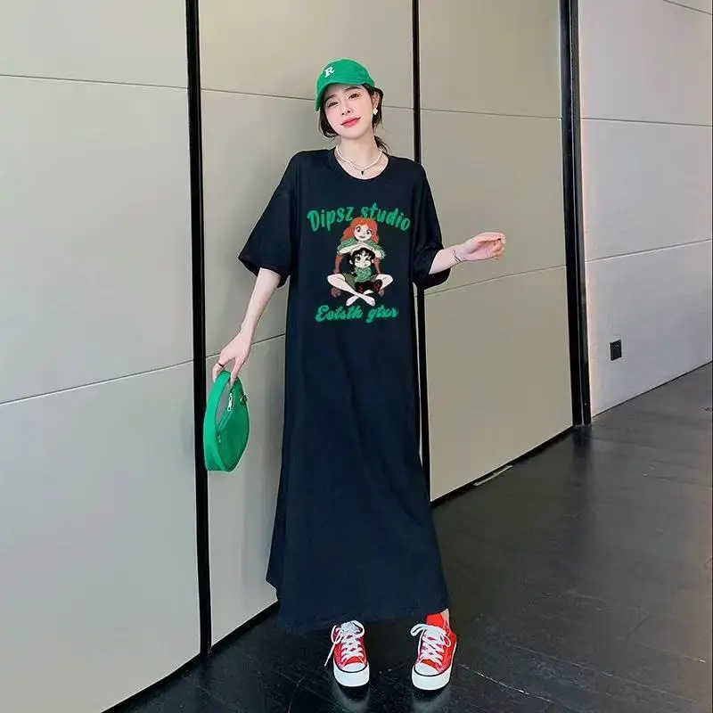 Abito lungo estivo con t-shirt Manica corta da donna oversize al ginocchio Alla moda coreana Sle Abiti larghi e comodi taglie forti