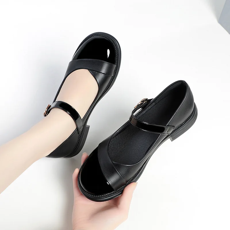 3cm Mix Color Shallow Mary Janes Women's Pumps 2024 Spring Square Heels Leather Shoes New Fashion Office Work Dance Shoe