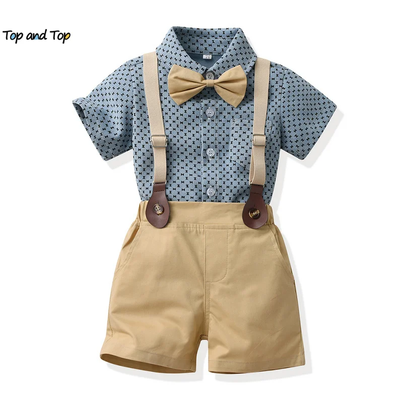 Conjunto de ropa informal para niños pequeños, camiseta de manga corta con pajarita, pantalones cortos con tirantes, 2 piezas