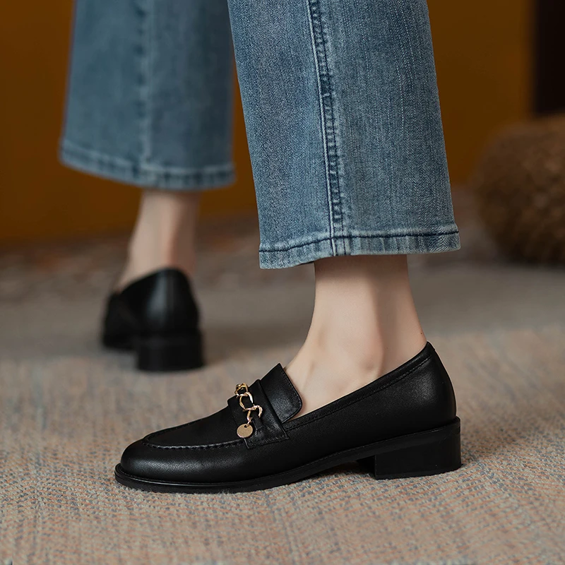 Black Genuine Leather Flat Shoes Women Fashion Oxfords Gold Chains Slip On Office Ladies Loafers Moccasins Casual Flats Female