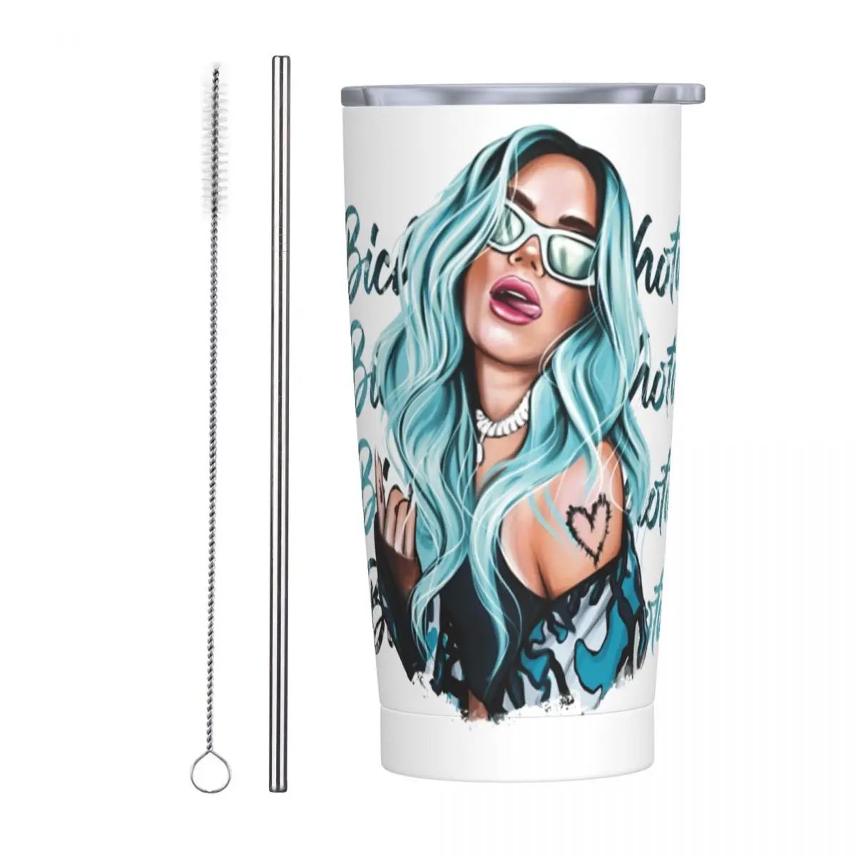 Stainless Steel Tumbler Singer K-Karol G With Blue Hair Mugs Cup With Straws Bichota Words Hot Drinks Water Bottle Coffee Mug