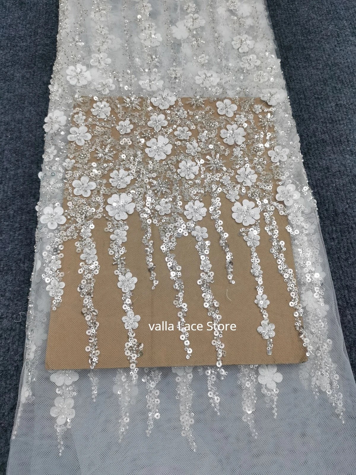 1yard Sequins Beadings Flower Sequins and  Embroidery Fabric Wedding Dress Gown Sewing Fabric