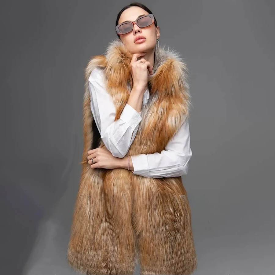 Red Fox Fur Vest Women Luxury Real Fur Vest Long Winter Natural Fox Fur Vest With Stand Collar Fashion New Arrivals