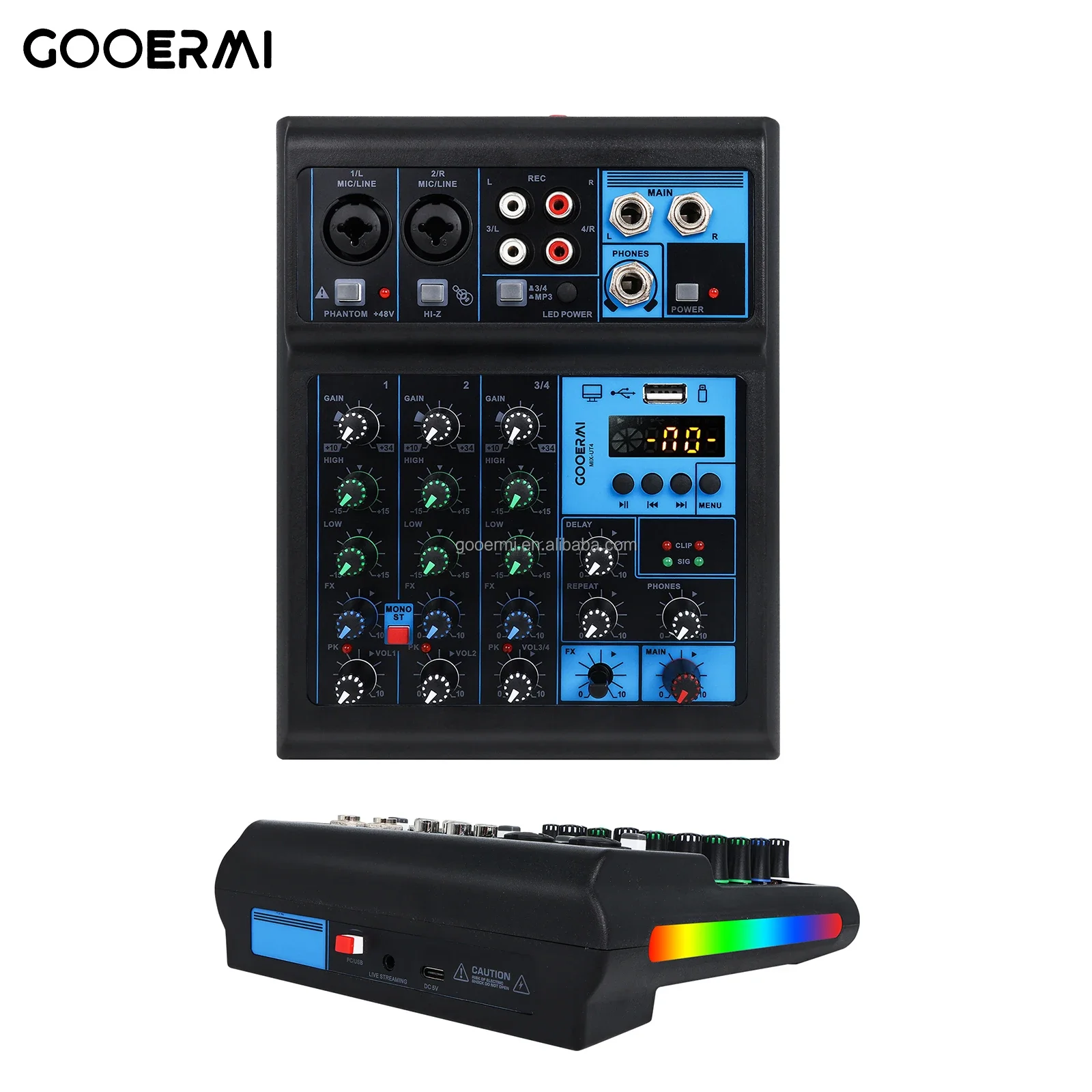 MIX-UT4, 4-Channel USB Audio Mixer with Sound Card 48V Phantom Power, RGB Lights, for Music Production, Live Streaming, Karaoke