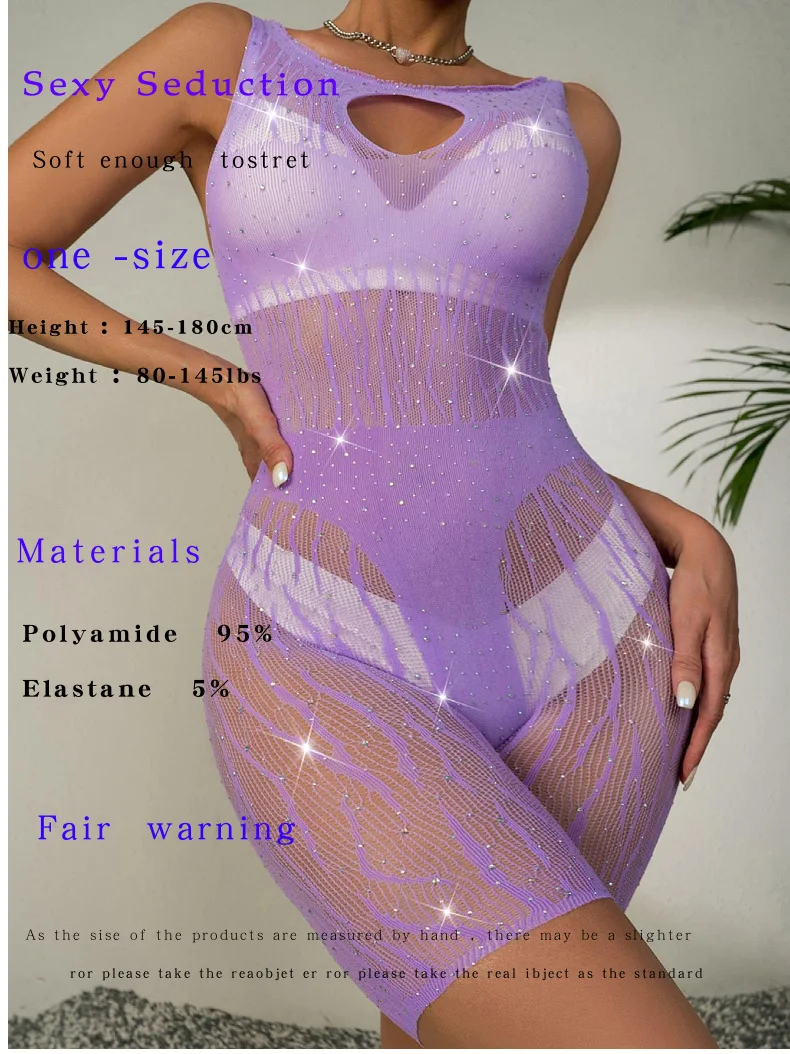 Sexy Fishnet Girl Sleeveless Rhinestone Jumpsuit One Piece Crystal Panty Bodystockings Clubwear Lingerie