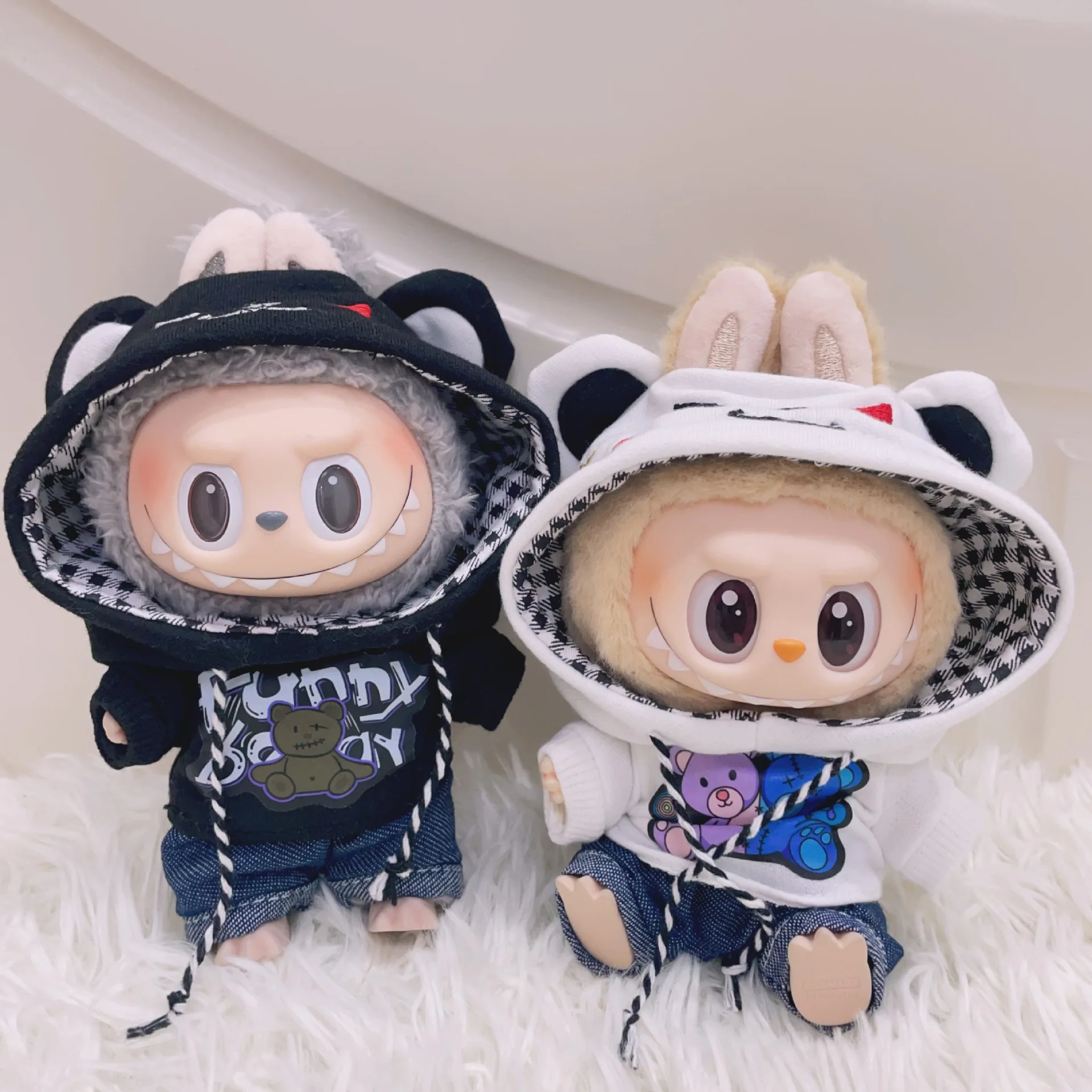 Labubu roupas de boneca urso com capuz moletom terno 17cm roupas de boneca de pelúcia substituição labubu i ii idol boneca sentado festa