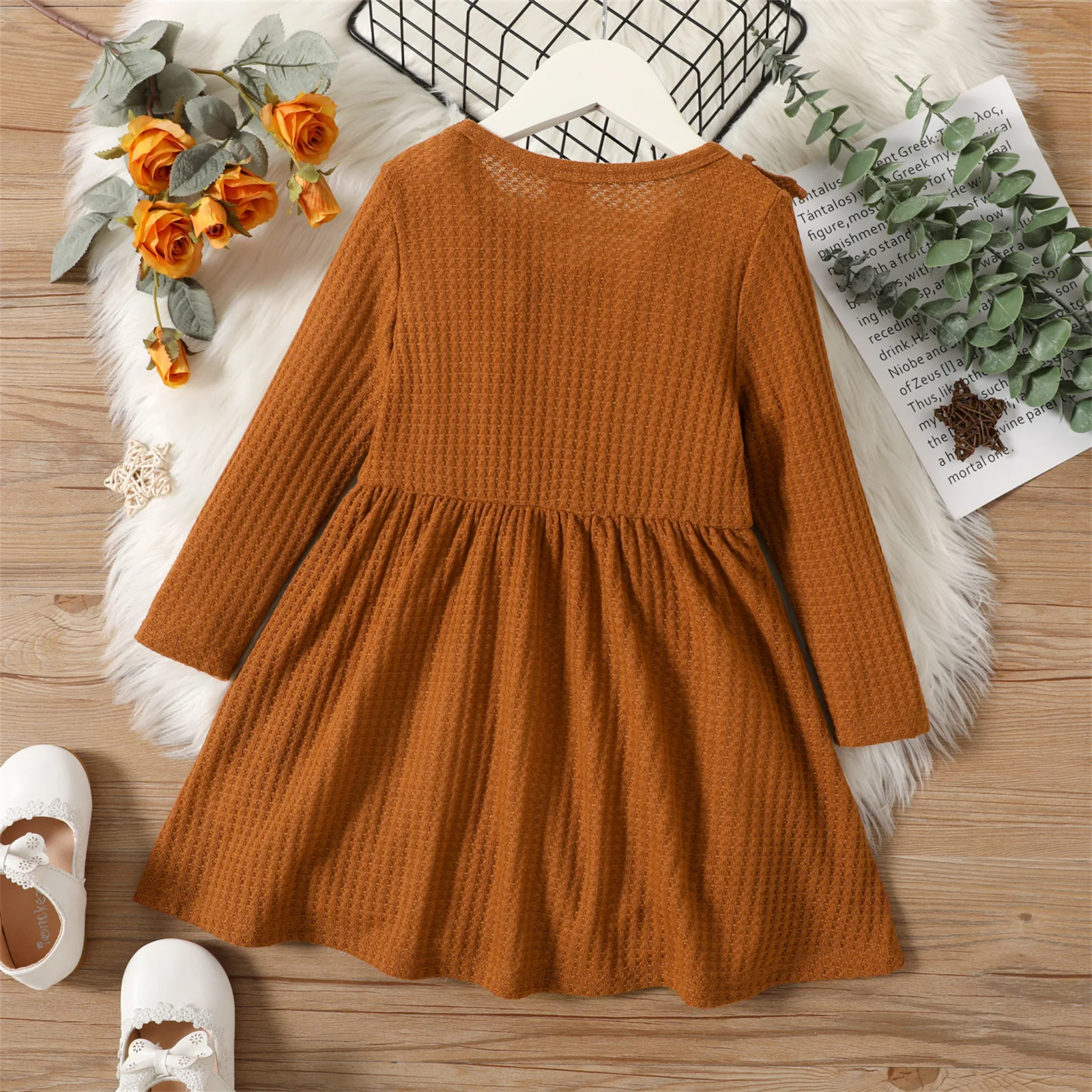 PatPat Toddler Girl Dresses Kids Dresses for Girls Solid Ruffle Decor Long-sleeve Ginger or Brown Dress Toddler Girl Clothes