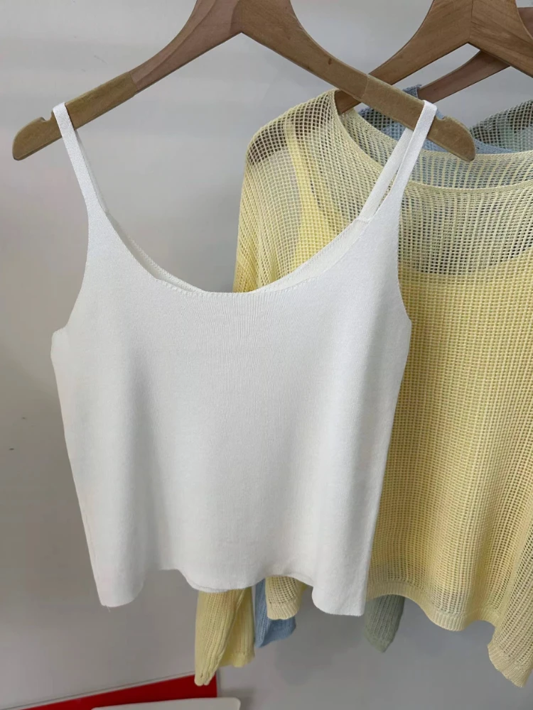 Hollow Out Long Sleeve Thin Knit Blouse 2026 New Summer Sun Protection Cover Up Cami Figure-Flattering Two Piece Set Top view 6