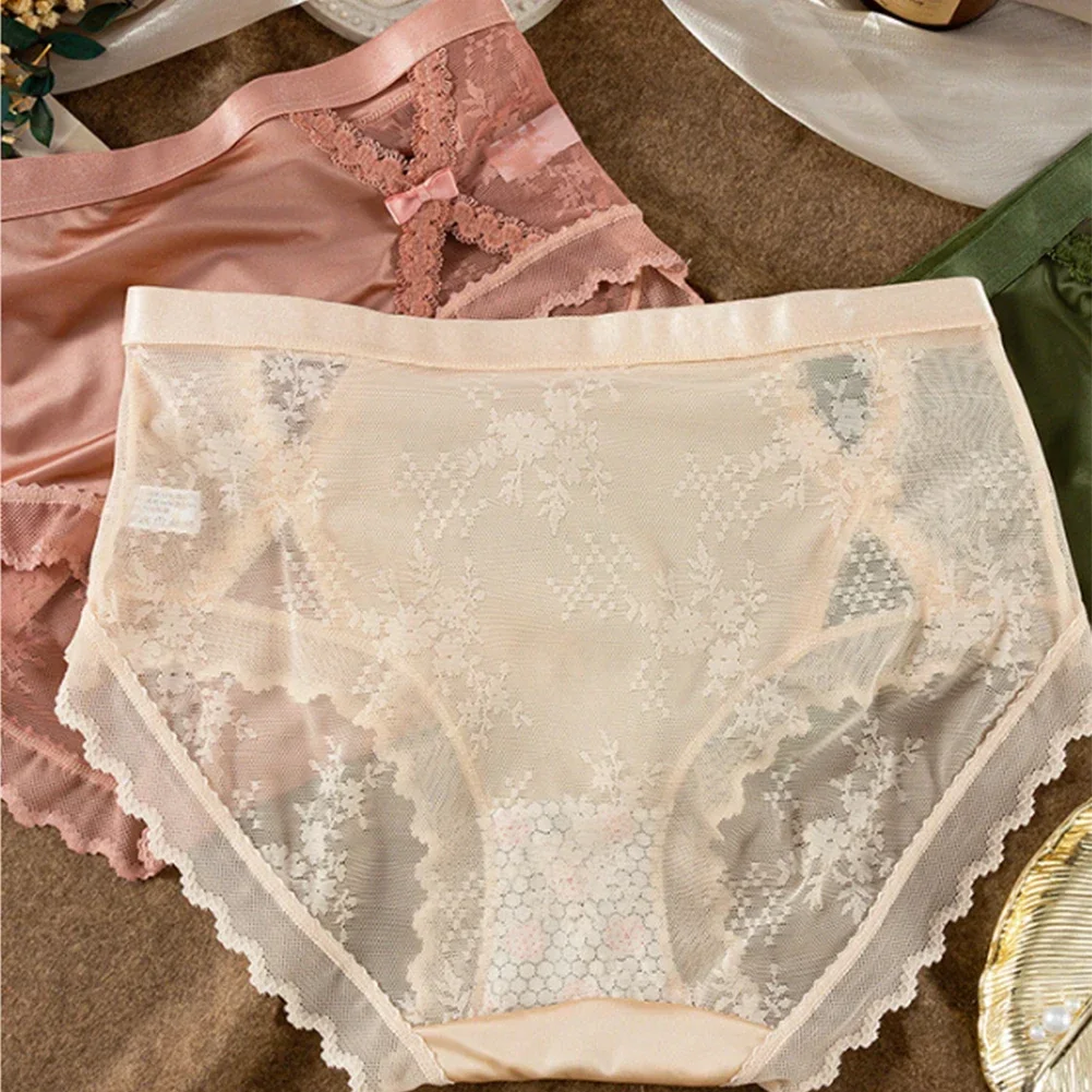 

Sexy Women Smooth Satin Sheer Lace Patchwork Briefs See Through Breathable Panties Silky Soft Comfy Knickers Seamless Underwear