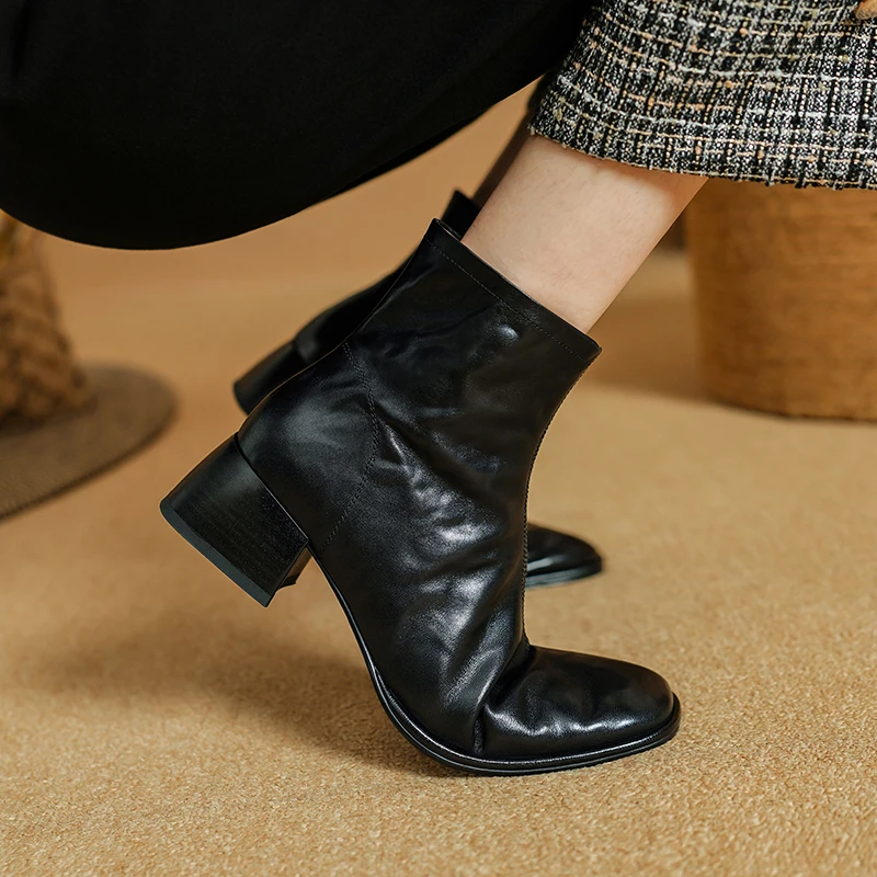 2024 New Winter Round Toe Women Boots Chunky Heel Women Shoes Retro Western Boots Ankle Boots Genuine Leather Chelsea Shoes