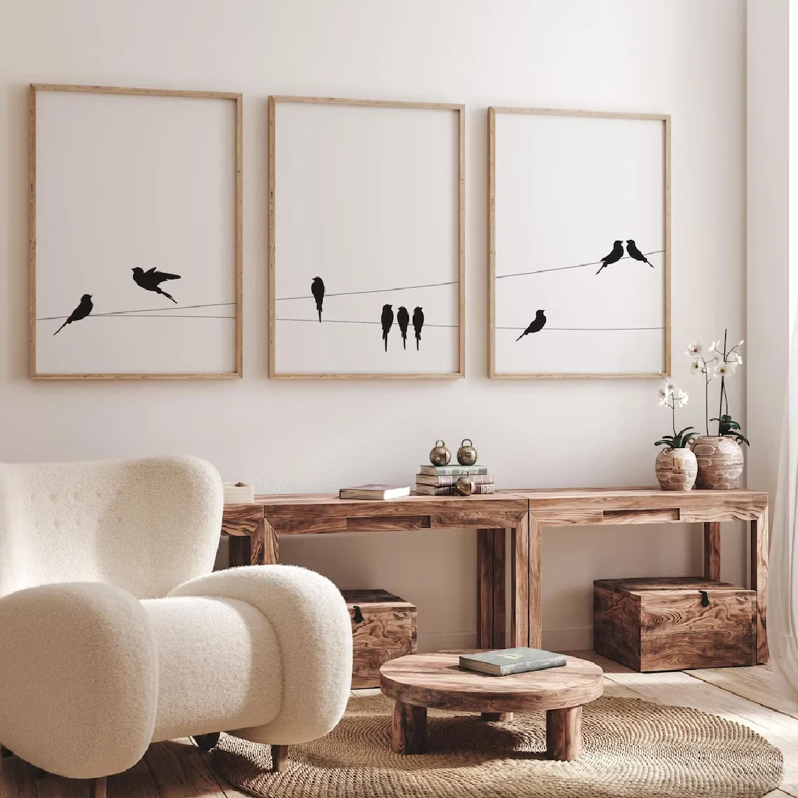 3pcs/Set Minimalist Birds on Wire Triptych Canvas Wall Art Unframed Modern Scandinavian Canvas Prints for Living Room Decoration