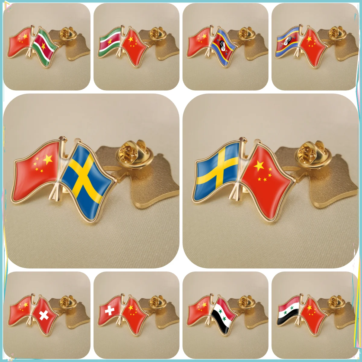 China and Suriname Swaziland Sweden Switzerland Syrian Arab Republic Crossed Double Friendship Flags Lapel Pins Brooch Badges