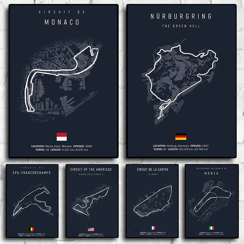 Azul Fórmula 1 Imola Monza Monaco circuito de seguimiento lienzo impresión arte de pared nórdico Francia carrera F1 cartel Motorsport decoración de la habitación del conductor