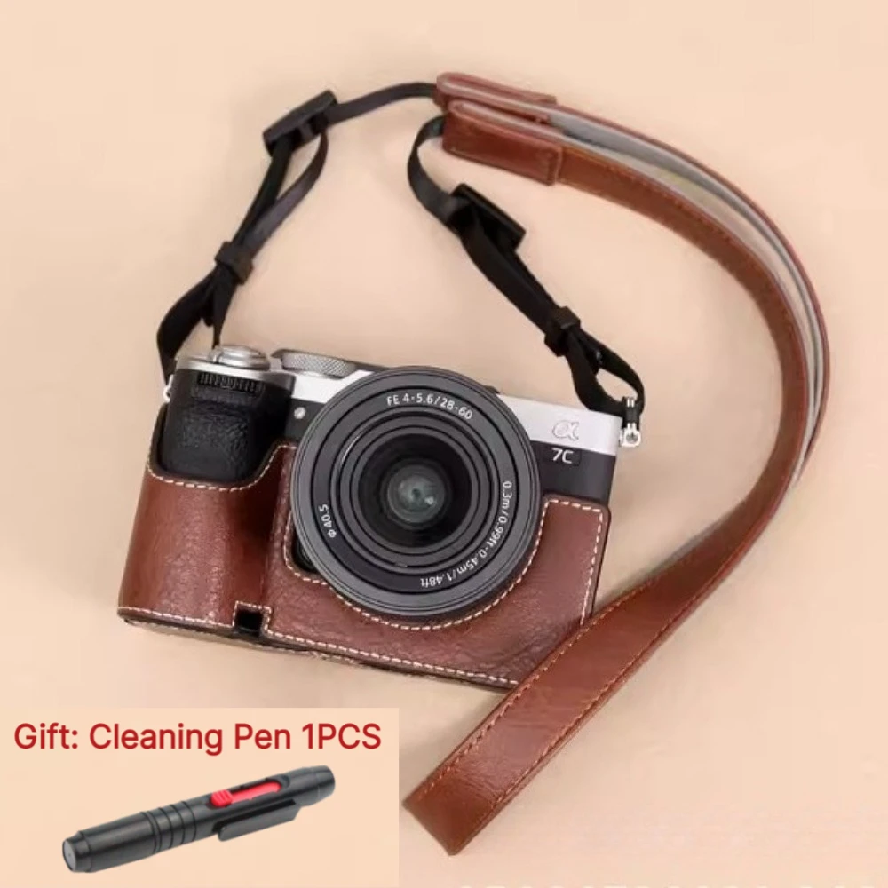 For Sony A7CR A7C2 A7CII Retro Camera Bag PU Leather Hard Case Half Body Cover Micro-single Camera bag + 1 PCS Free Cleaning Pen