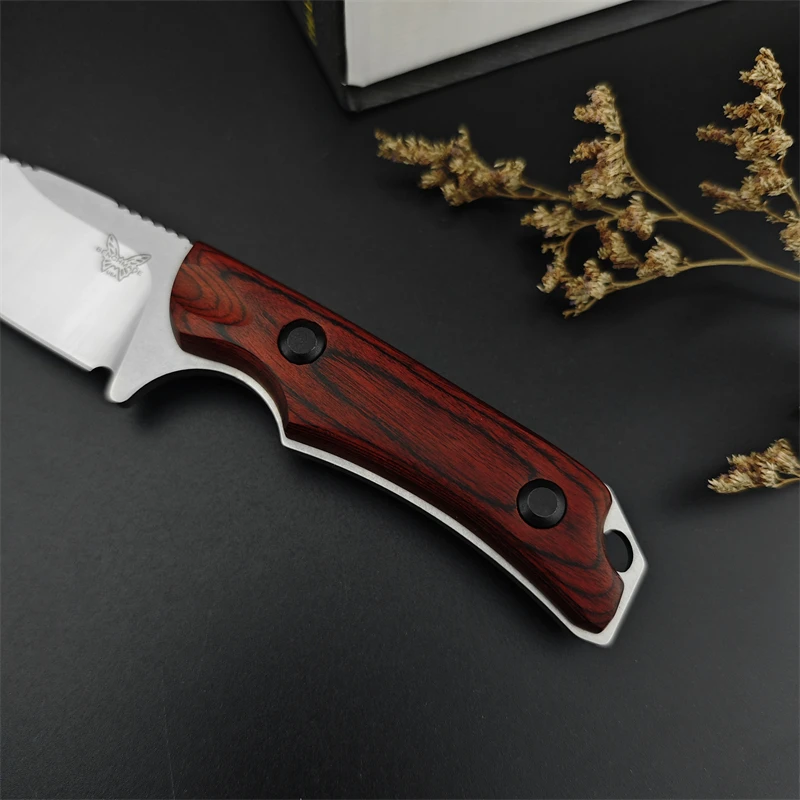 Pocket straight knife BM15017 outdoor rescue stable wooden handle 8Cr13Mov blade meat cutting hunting Bovine spleen sheath