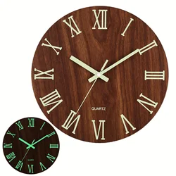 1pc wooden glow-in-the-dark wall clock, brown retro wood grain Roman numerals design wall clock, silent clock, home decor