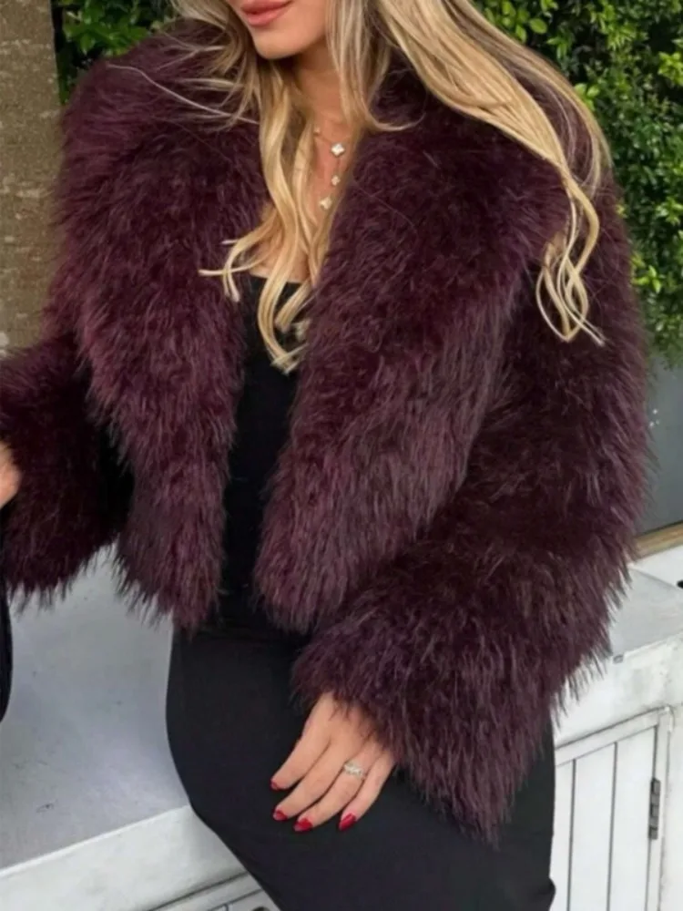 Missuoo Giacca da Teddy corta bordeaux da donna con scollo a V maniche lunghe Cappotto in pile di peluche 2025 Capispalla alla moda autunno inverno