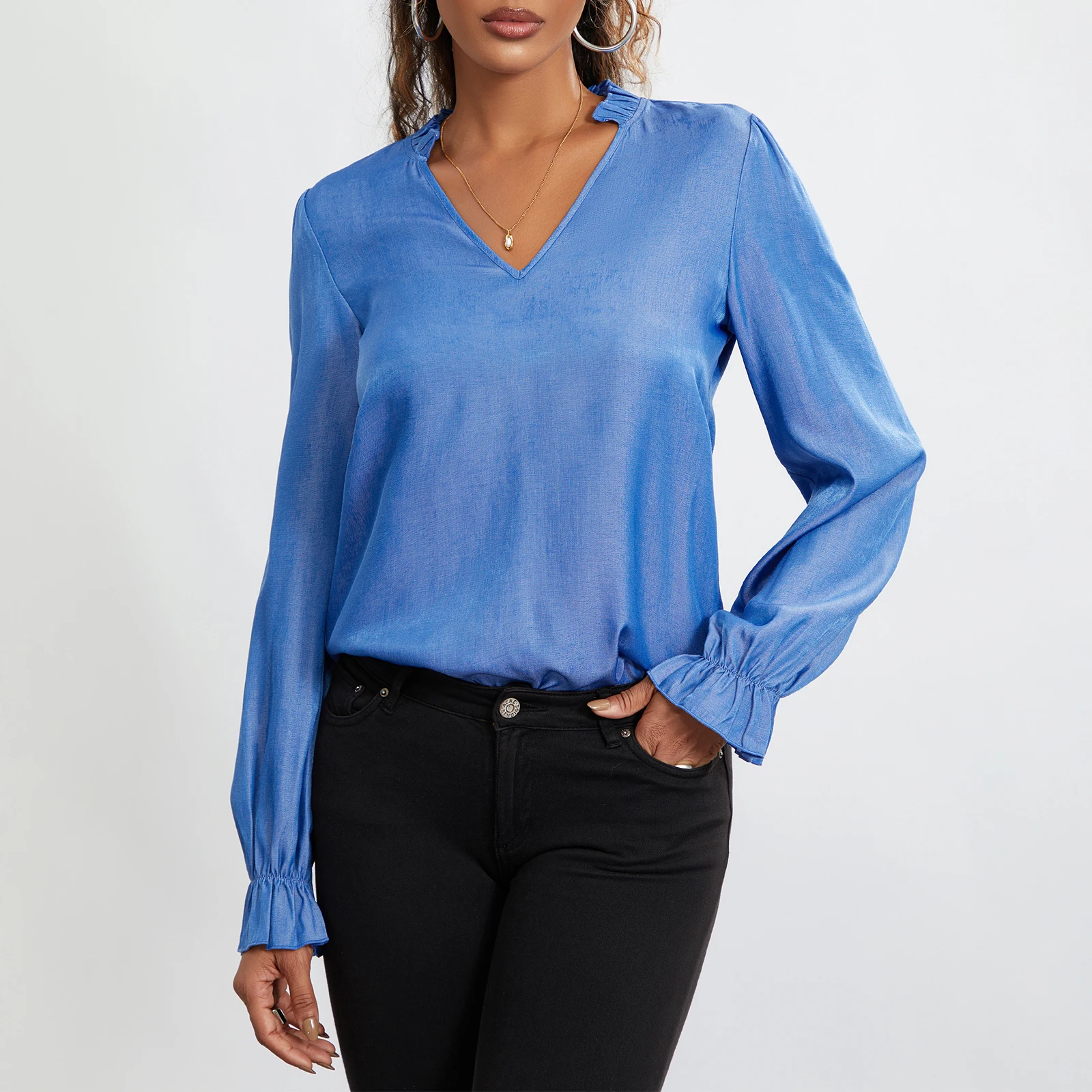 

Women’s Notched V Neck T-Shirts Fashion Long Sleeve Solid Color Loose Frill Tops Spring Summer Blouse Shirts Office Lady Clothes