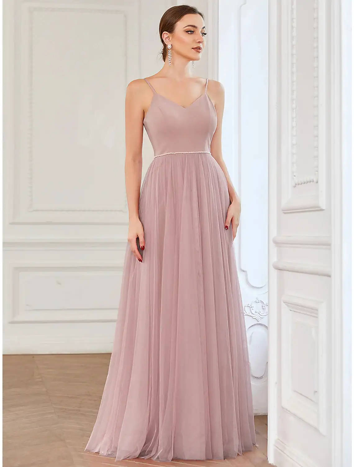 

A Line Prom Guest Prom Floor Length Sleeveless V Neck Bridesmaid Dress Tulle V Strap Pleated Drape فساتين للمناسبات الرسمية