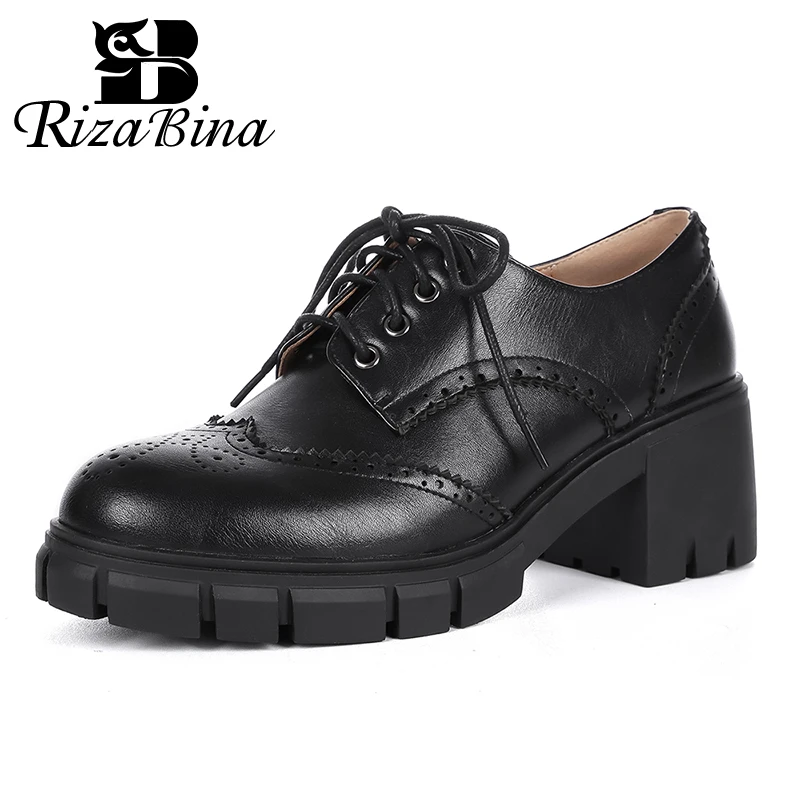 

RIZABINA Women Oxfords Shoes Genuine Leather Chunky Heels Pointed Toe Lace Ladies Punmps Casual Footwear British Style Designer