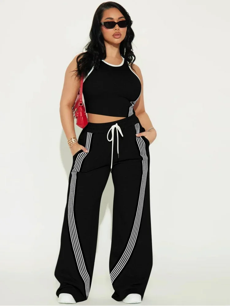 

Women's Fashionable and Comfortable Casual Tank Top and Side Stripe Sports Style Straight Leg Pants Two-piece Set