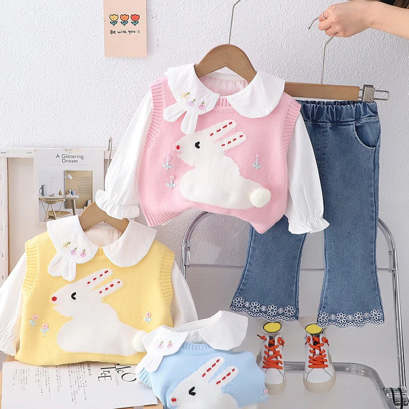 Spring Baby Girls Clothing Sets Children Knitted Vest Shirt Floral Jeans Infant Princess Clothes Cartoon Rabbit Kids Outfits