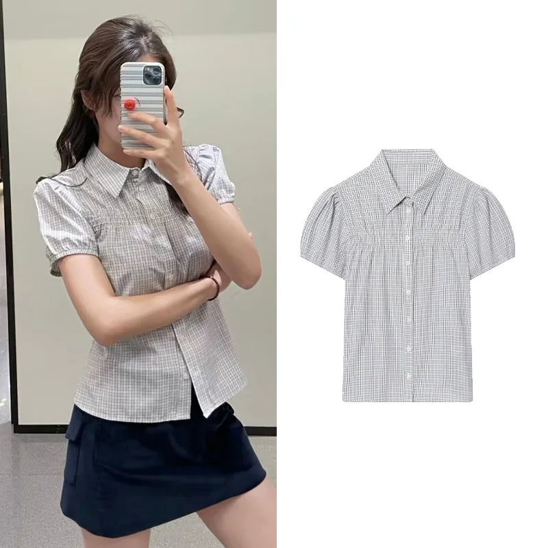 

Women's Stretch Check Shirt New Spring Summer Puff Short Sleeve Women's Shirts With Button Blouses Female Tops