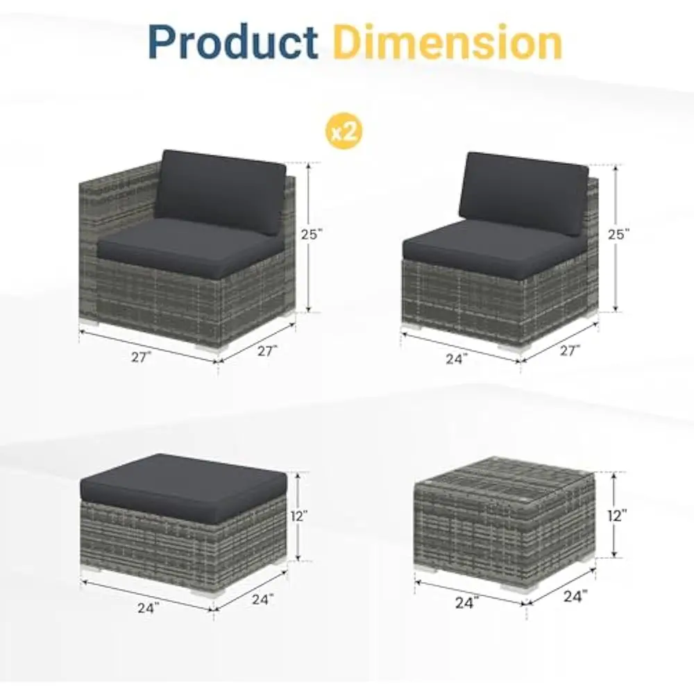 Ensembles de meubles de patio extérieur 5 pièces avec coussins et table basse en verre, ensemble de canapé sectionnel en rotin et osier toutes saisons