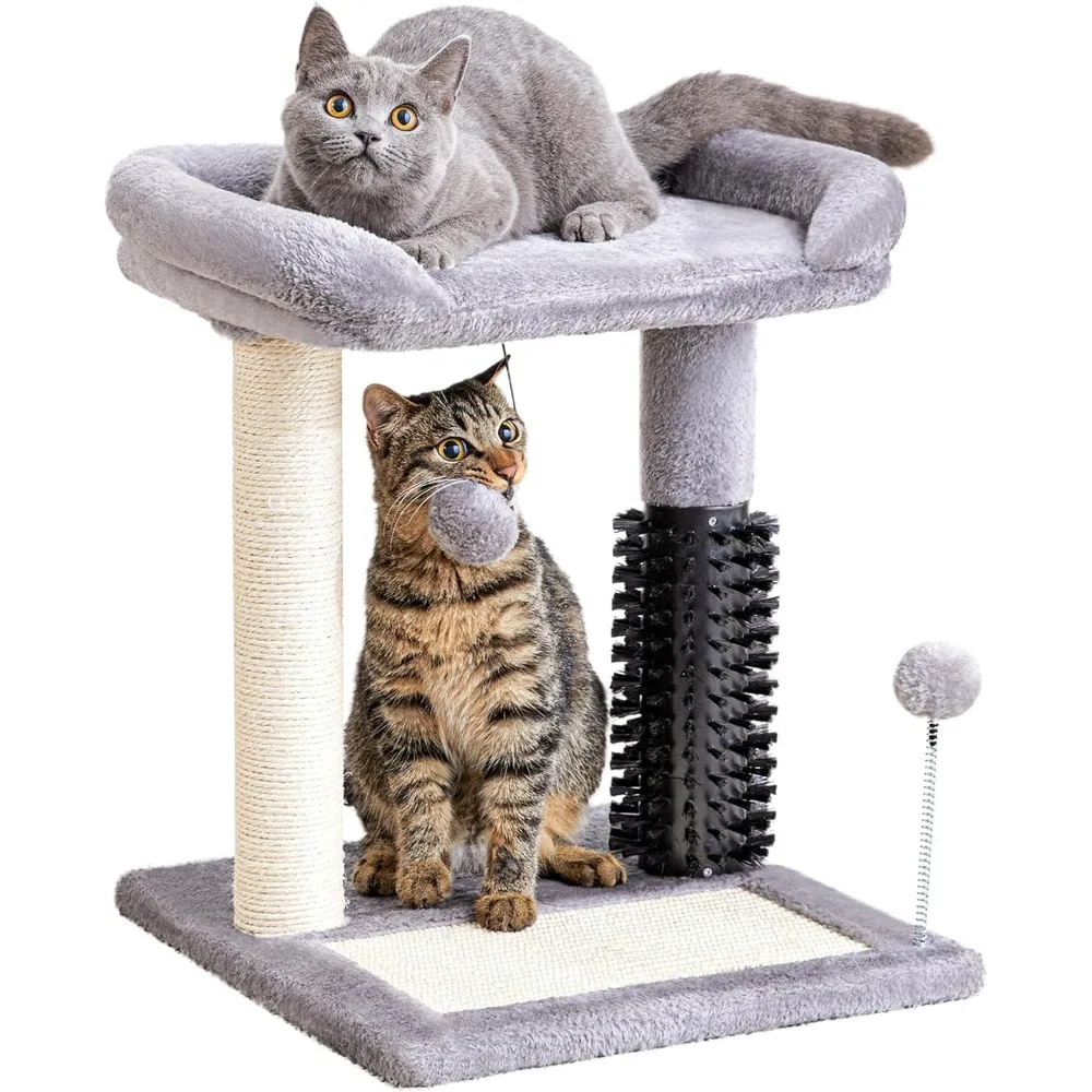 

Small Cat Tree Tower, Cat Scratching Post 4-in-1 with Self Groomer Brush, 20" Tall Natural Sisal Cat Scratcher, Plush Perch Bed