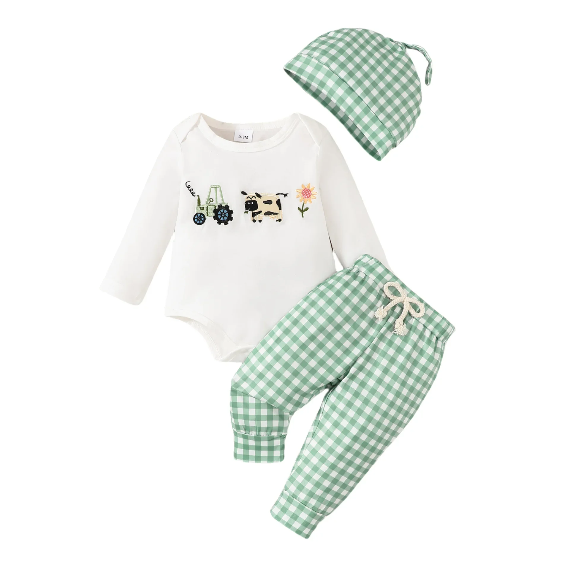 2025 Spring New Baby Boys Clothing Set Animal Embroidery Girls Clothing Suits Plaid Hat And Pants Print Bodysuits