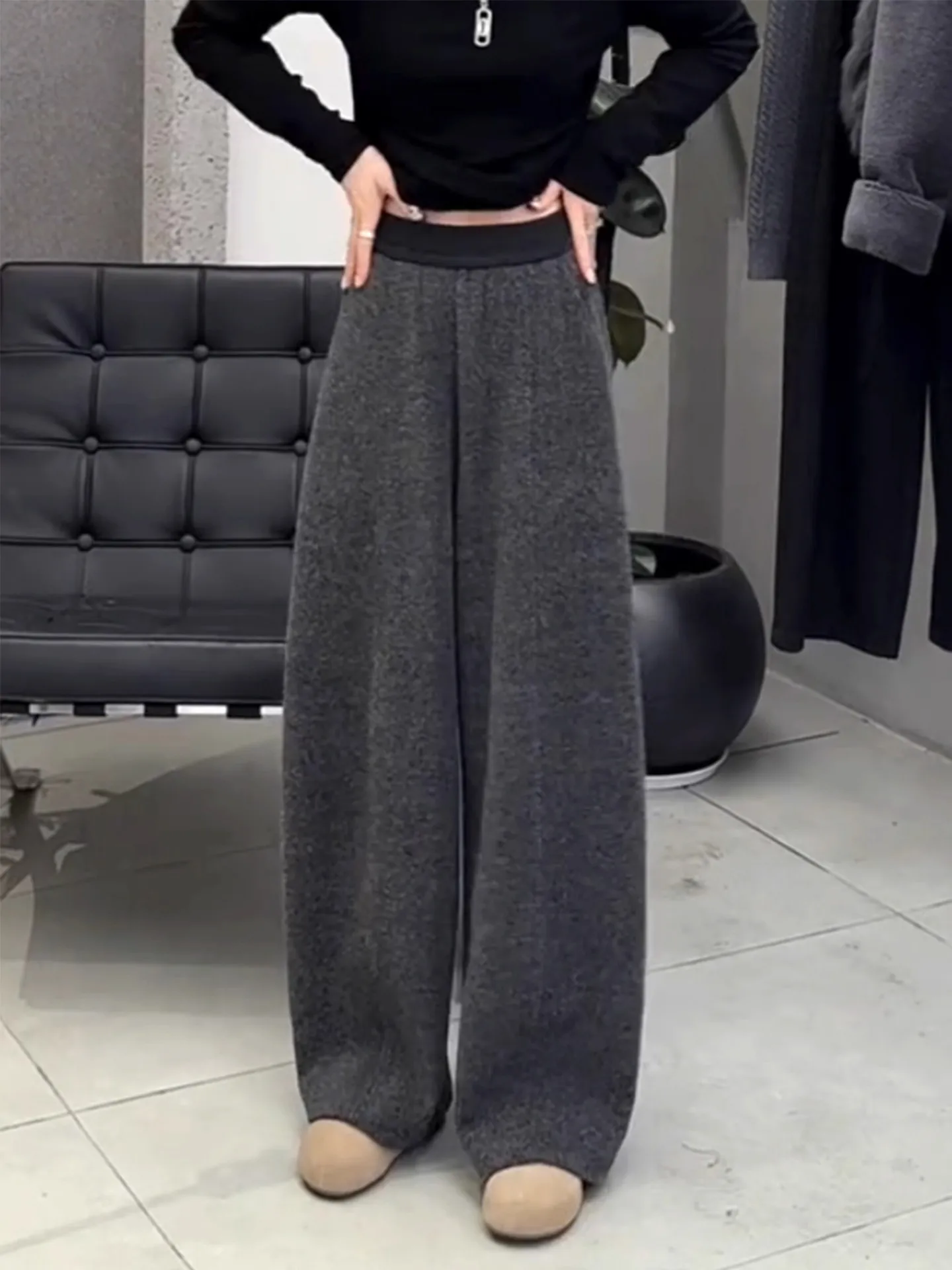 

Широкие шерстяные брюки для женщин на осень-зиму, утепленные, с подкладкой, в корейском стиле, свободные, повседневные, спортивные, для прогулок