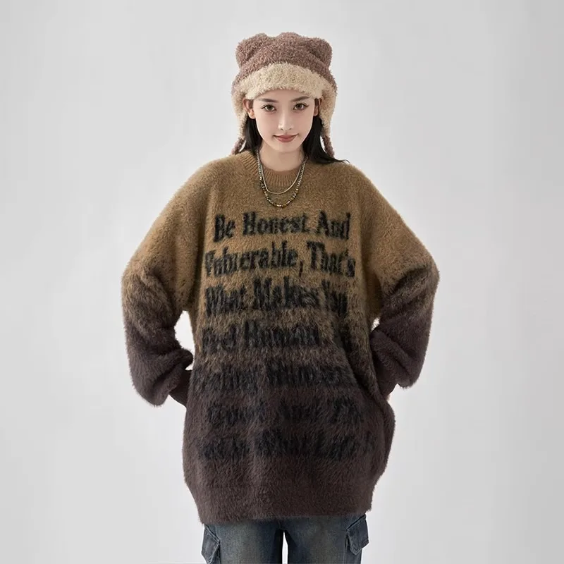 Gradiënt Trui Vrouwen 2024 Herfst Winter Warm Oversized Pullover Streetwear Y 2K Letters Lange Mouw Top Dameskleding